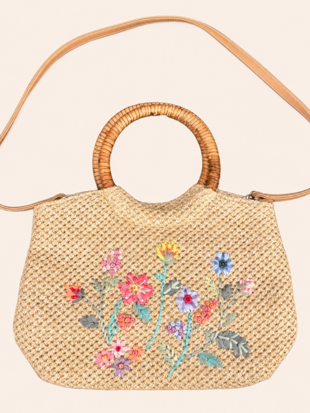 Vintage Floral Crochet Woven Bag with Circle Handles in Tan Cream Y2K Boho